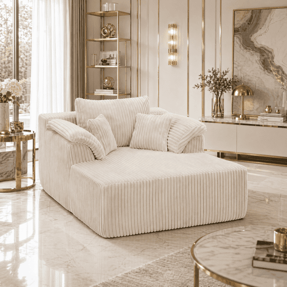 60" Chaise Lounge Chair Indoor,Corduroy Upholstered Boneless Sofa Bed, Deep Seat Sleeper Couch Reading Chairs, Cloud Sofas Couches for Living Room, No Assembly Required (Beige)