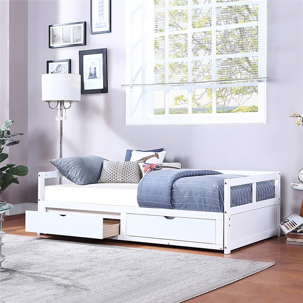 Irene Inevent Wooden Daybed with Trundle Bed and 2 Storage Drawers Extendable Sofa Support Platform for Bedroom Living Room