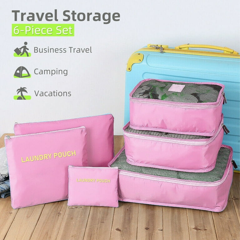 6 Pcs Durable Luggage Organizer Pouch Clothes Shoes Bags Travel Organizers Luggage Waterproof Clothes Storage Bags Pink