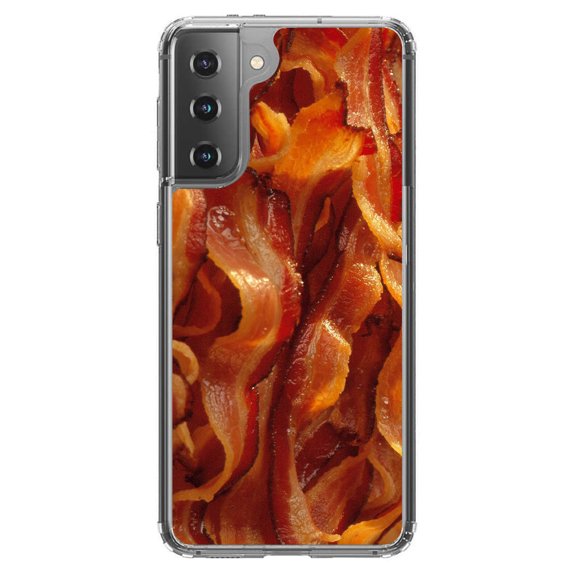 DistinctInk Clear Shockproof Hybrid Case for Galaxy S21 5G (6.2" Screen) - TPU Bumper, Acrylic Back, Tempered Glass Screen Protector - Crispy Strips of Bacon - Show Your Love of Bacon