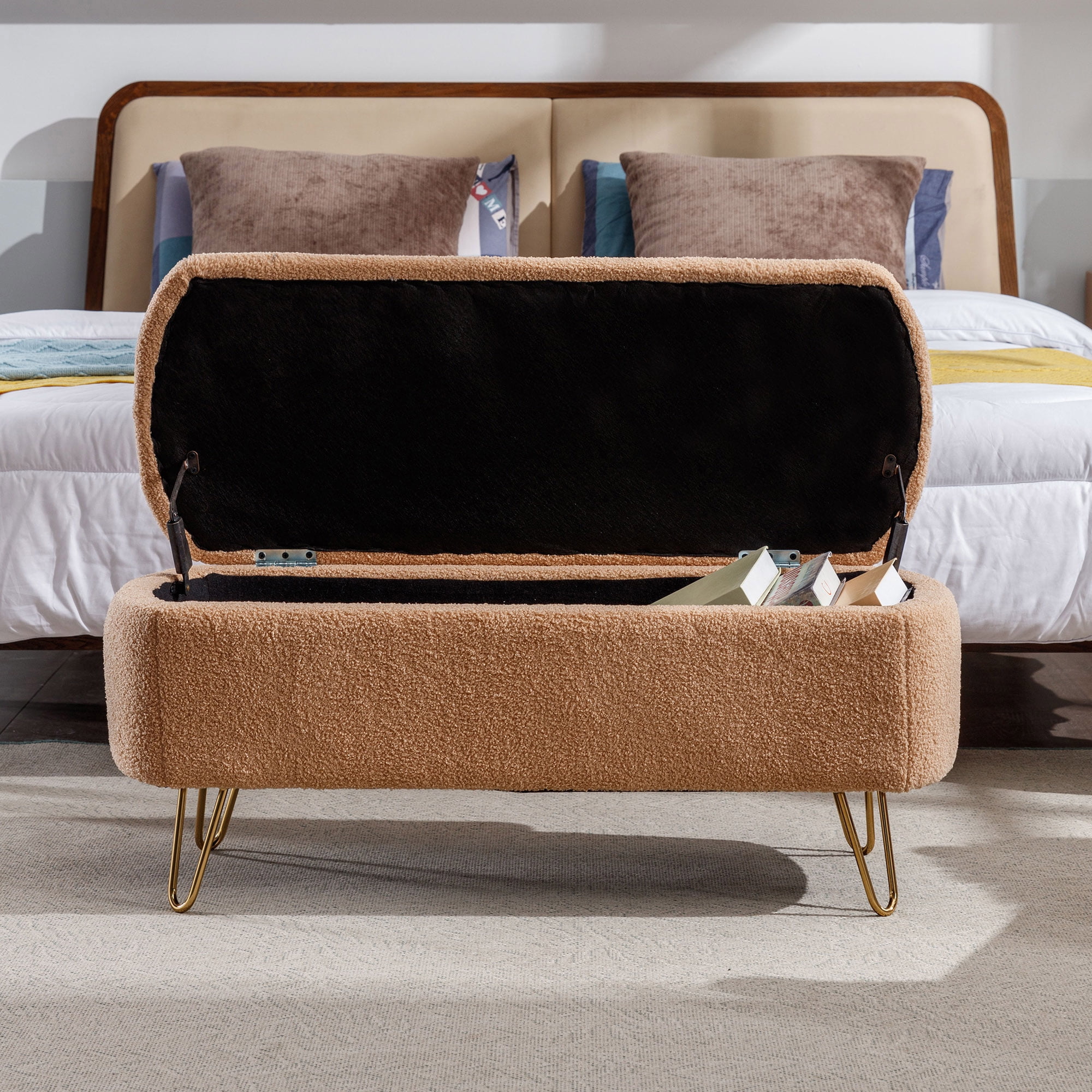 LEHZROAJ Upholstered Storage Bench,Rectangular Padded Ottoman, Shoe Storage with Gold Legs, End of Bed for Bedroom, Entryway, and Living Room(Camel)