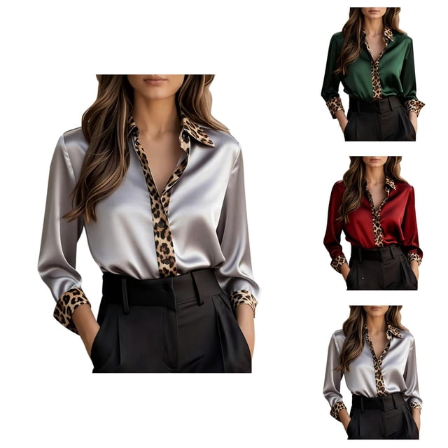Haut à Manches Longues pour Femmes à Imprimé Léopard Patchwork 2026 Tendance avec Boutons, Col à Revers, Chemisier en Satin