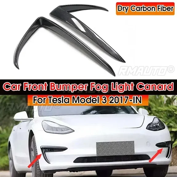 2pcs Dry Carbon Fiber Front Bumper Vents Canards Trim for Tesla Model 3 Sedan 2017- IN Front Fog Light Cover Splitter Canards