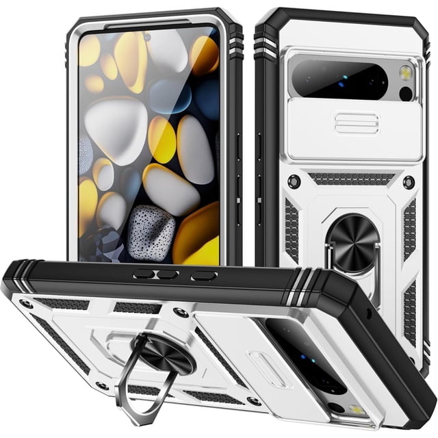 KOMI Case for Google Pixel 9/Pixel 9 Pro/Pixel 9 Pro XL,Shockproof Scratch-Resistant Heavy-Duty Protector Case Slide Lens Protection Stand Cover (Silver, Google Pixel 9)