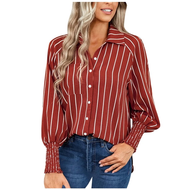 Camisas Para Mujer de Gran Tamaño de Moda Con Cuello Vuelto de Ocio de Manga Larga Con Estampado de Rayas Odeerbi ODB132968