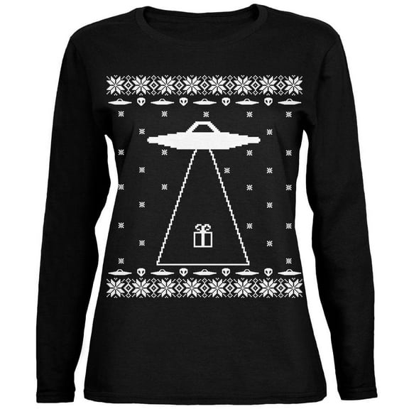 Alien Abduction Ugly XMAS Sweater Black Womens Long Sleeve T-Shirt - 2X-Large