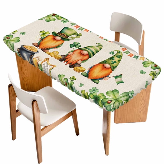 St. Patrick's Day Table Cloths for 3 Foot Rectangle Tables, Green Gnomes Lucky Shamrocks Vintage Patio Waterproof Elastic Fitted Tablecloths, Washable Rectangular Table Cover for Camping