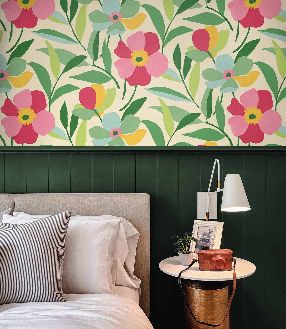 NextWall  Garden Block Floral Peel and Stick Wallpaper 20.5 in. W x 18 ft. L - Pink & Kelly Green