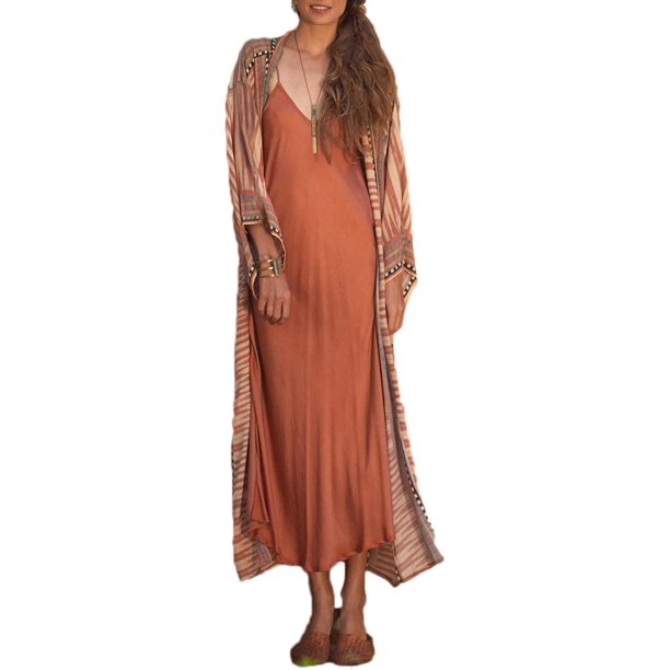 Xishao Mujer Cárdigan de Playa Blusa Larga de Verano Cubrir Bikini Camisola y Pareos C-Estampado Geométrico Rojo C-Estampado Geométrico Rojo Xishao ropa