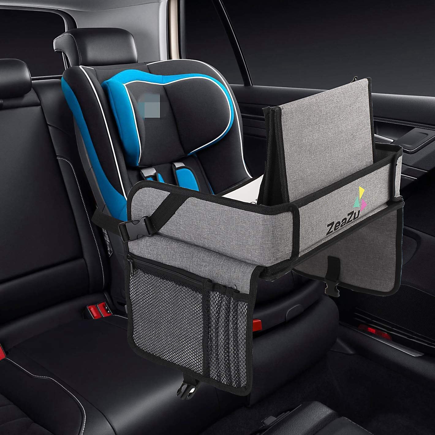 ZeaZu Kids Travel Tray with Bag Foldable Toddler Car Seat Tray 17.5D x 12.5W x 2H inch, Silver