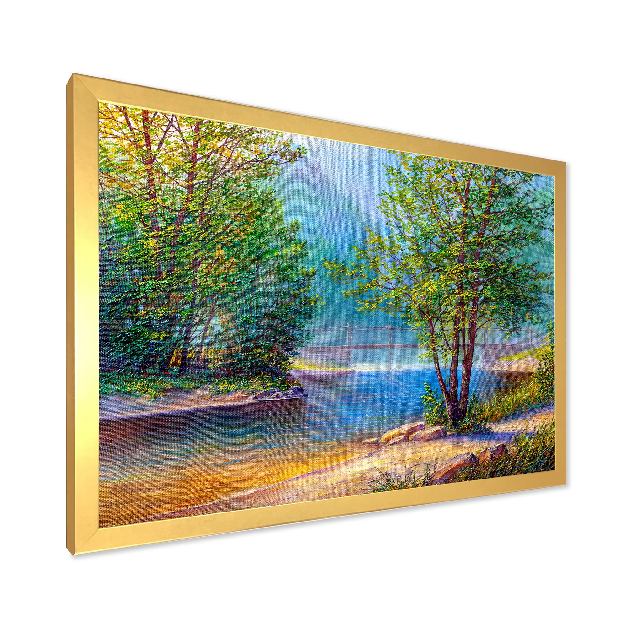 Designart 'Green Trees By The Bridge Over River' Traditional Framed Art Print