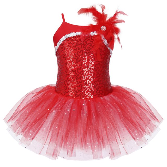Children Girls Ballet Dance Gymnastics Tutu Dress Ballerina Stage Show Dancewear Sleeveless Feather Shiny Sequin Leotard Dress6 Gong Bohan LED
