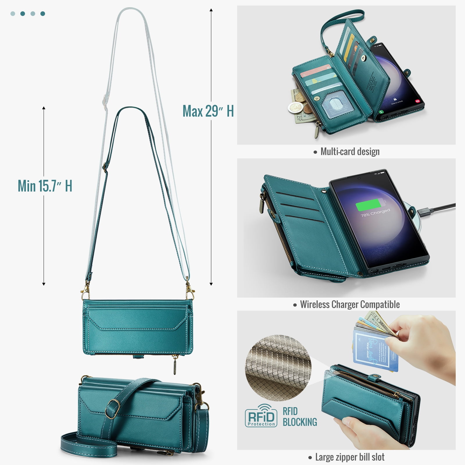 Compatible with Samsung Galaxy S23 Ultra 5G Zipper Wallet Phone Case Tempered Glass Screen Protector Crossbody Lanyard Strap Flip Card Holder Slot Cell Cover for S23Ultra 23S S 23 6.8 Women Green