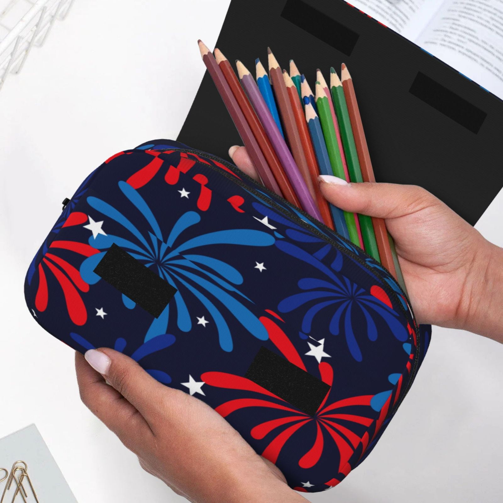 Rateoe Red White Blue Fireworks Pattern Double Clamshell Pen Case, Storage Organizer with Two Zipper Compartments– Holds Up to 50 Pencils & Pens