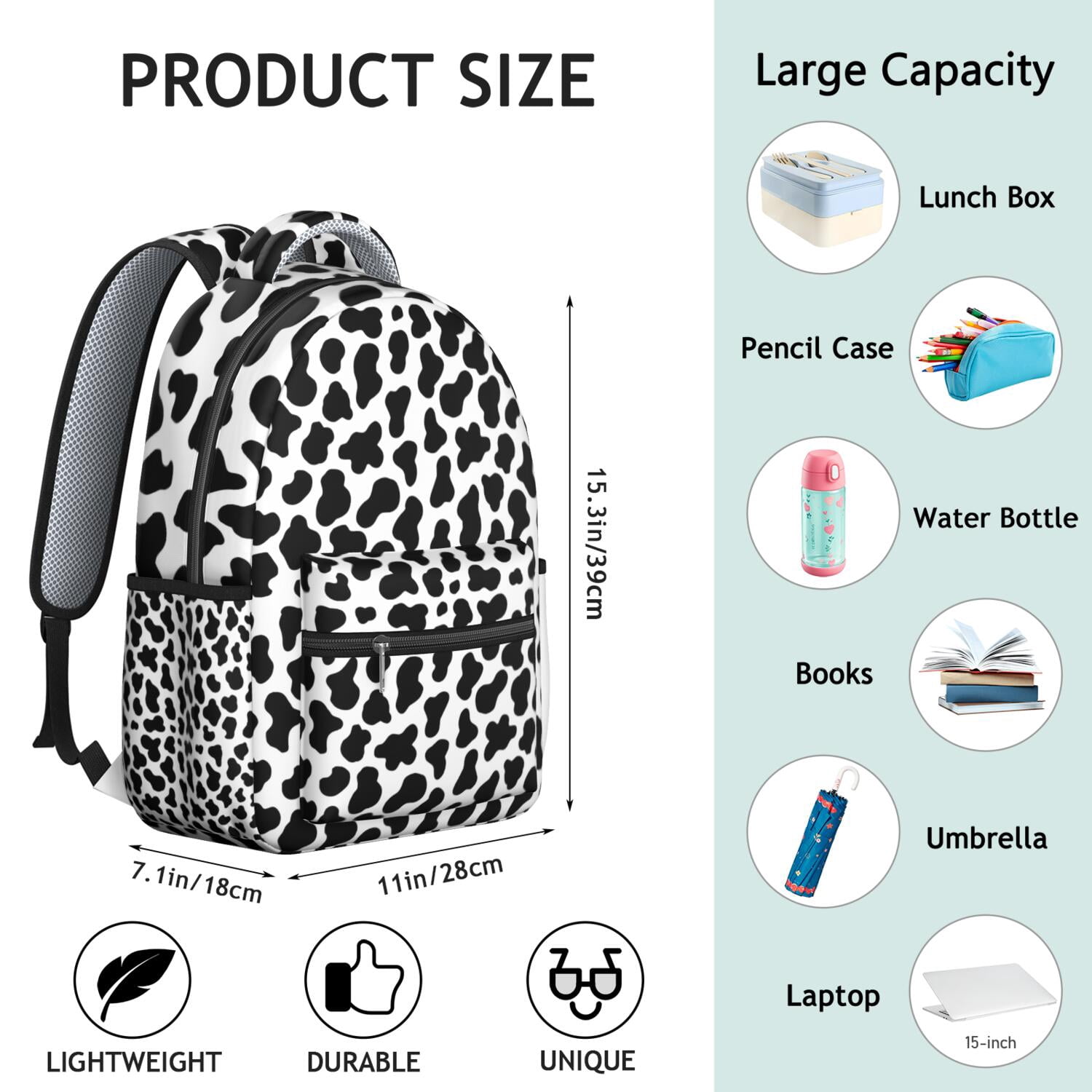 Cow Print Backpack for School,Schoolbag with Adjustable Shoulder Straps & Padded Back,15.3"x11"x7.1".