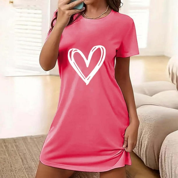 Camisón corto de poliéster para mujer, talla grande, estampado de San Valentín, cuello redondo, manga corta
