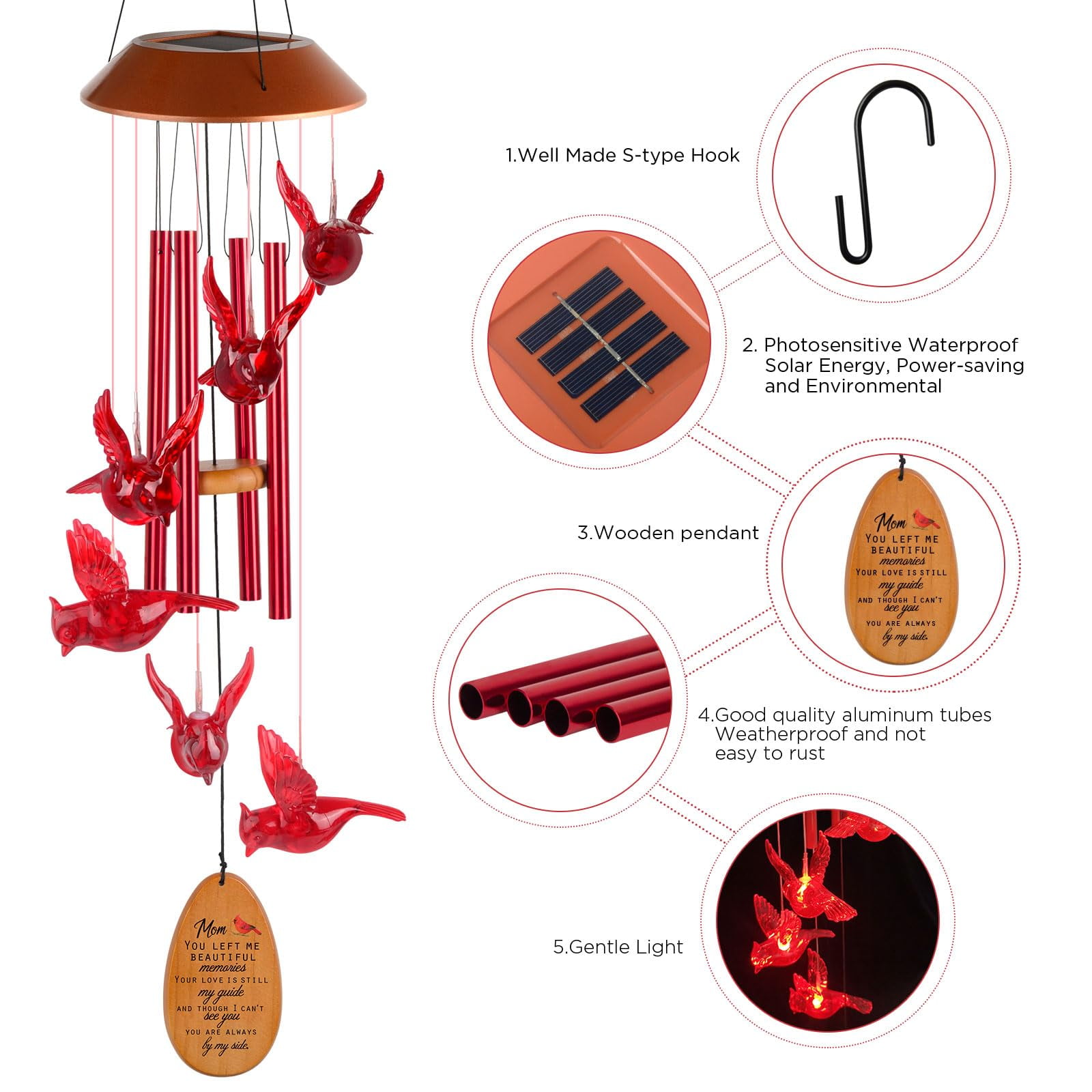Cardinal Red Bird Solar Wind Chimes - Outdoor Garden Gifts for Mom from Daughter or Son - Mom's Room Decor for Mother's Day, Thanksgiving, Christmas, Birthday