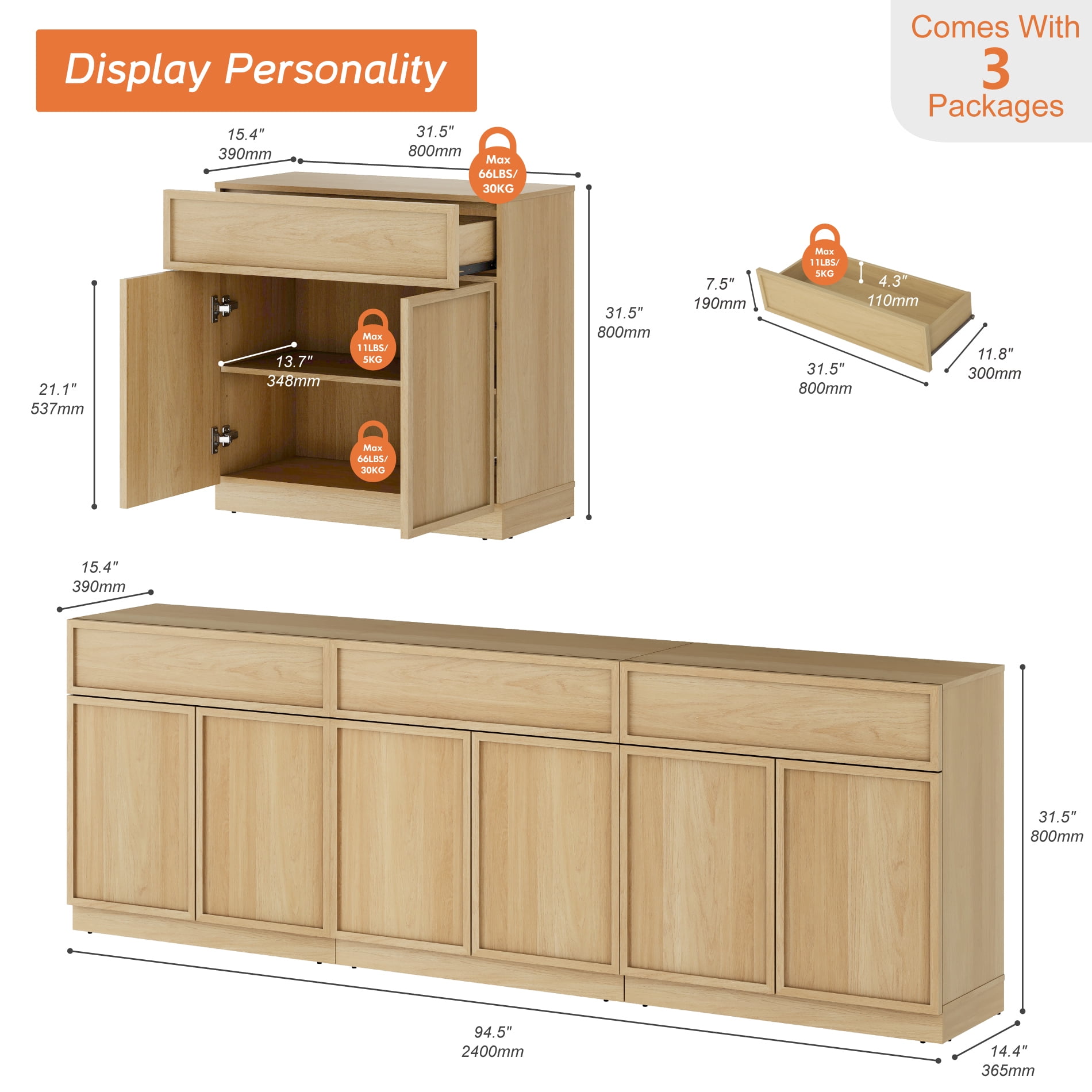 94.5" Modern Sideboard Buffet Cabinet with 6 Doors and Drawers, Multifunctional Sideboard with Large Storage and Adjustable Shelf, Oak