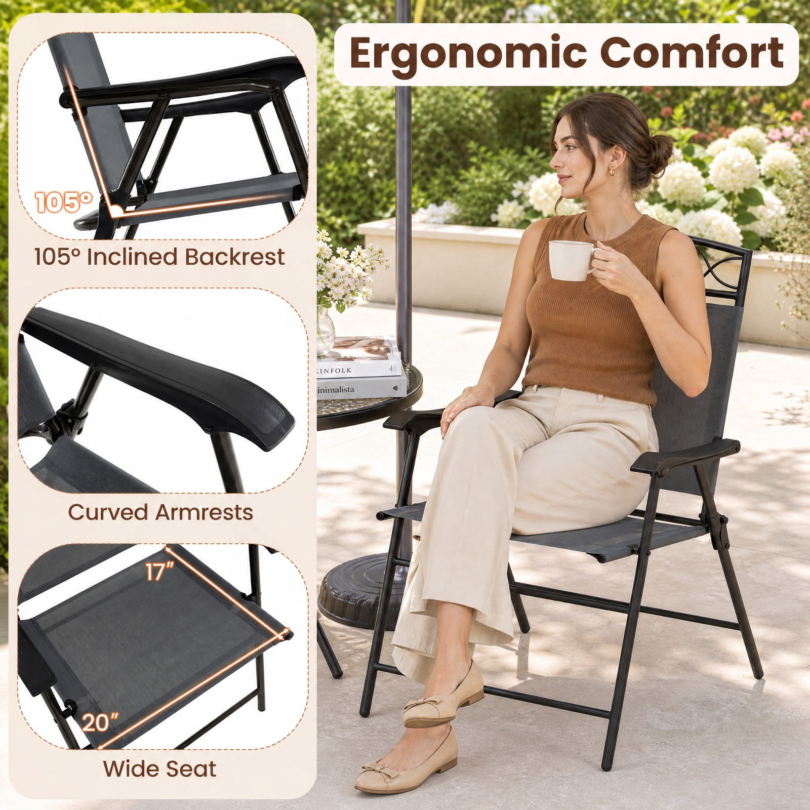 Furnibear Patio Folding Dining Chairs Set of 4 with Armrests and Padded Fabric Seat for Outdoor and Indoor Kitchen Dining, Gray