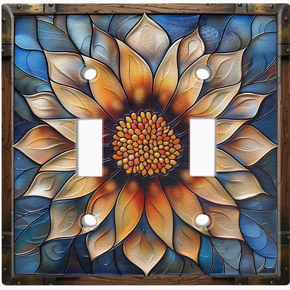 Metal Light Switch Wall Plate Outlet Cover (Printed Image of Stained Glass Sunflower - Double Toggle)