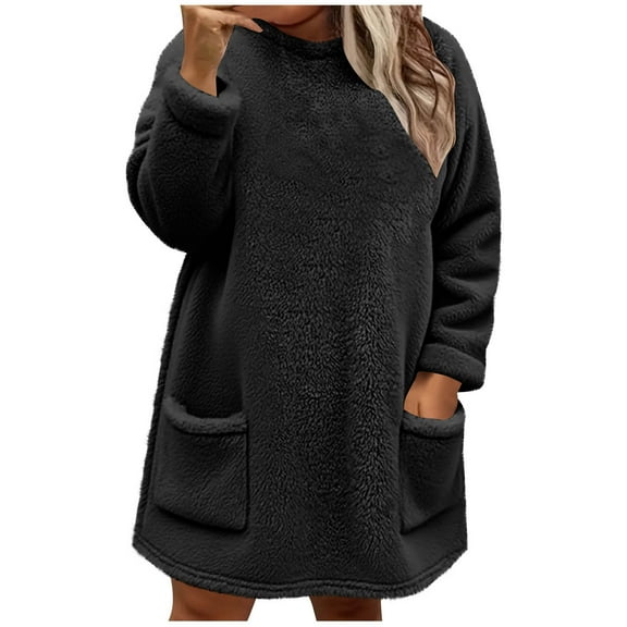 Wyobmus Oversized Faux Fleece Sweatshirt for Women Casual Double Fuzzy Pullover Hoodies Fall Winter Warm Outwear Coat with Pockets S-XXL C-Black