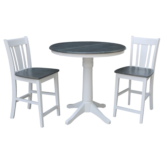 36" Round Solid Wood Extension Dining Table With 2 San Remo Counter Height Stools in White/Heather Gray by International Concepts