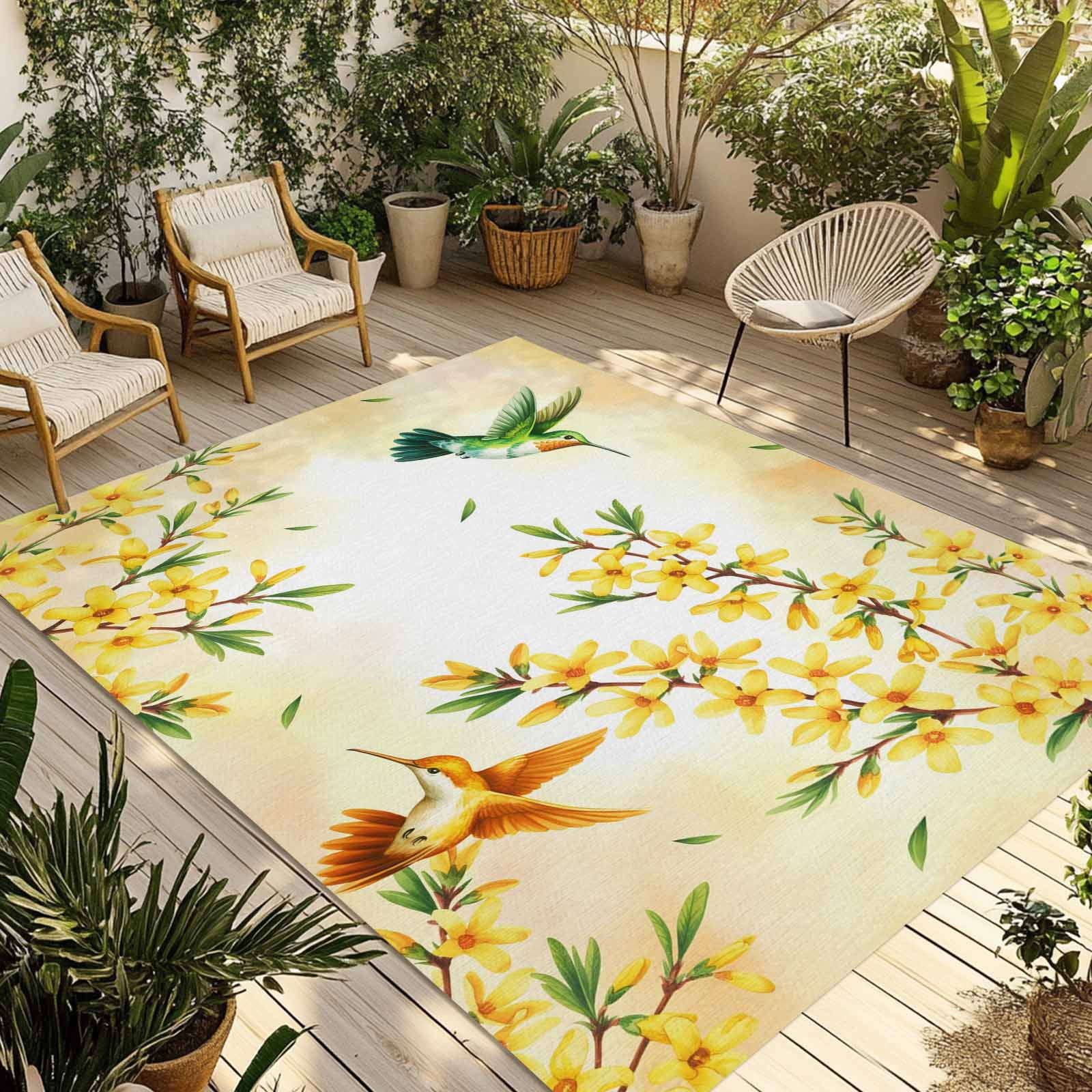 Indoor Outdoor Area Rugs,Spring Yellow Flower Hummingbird Washable Patio Rug Non-slip Quick Dry Camping Rugs,Watercolor Forsythia Floral Floor Carpet for Porch Deck Backyard Decor,4x6ft