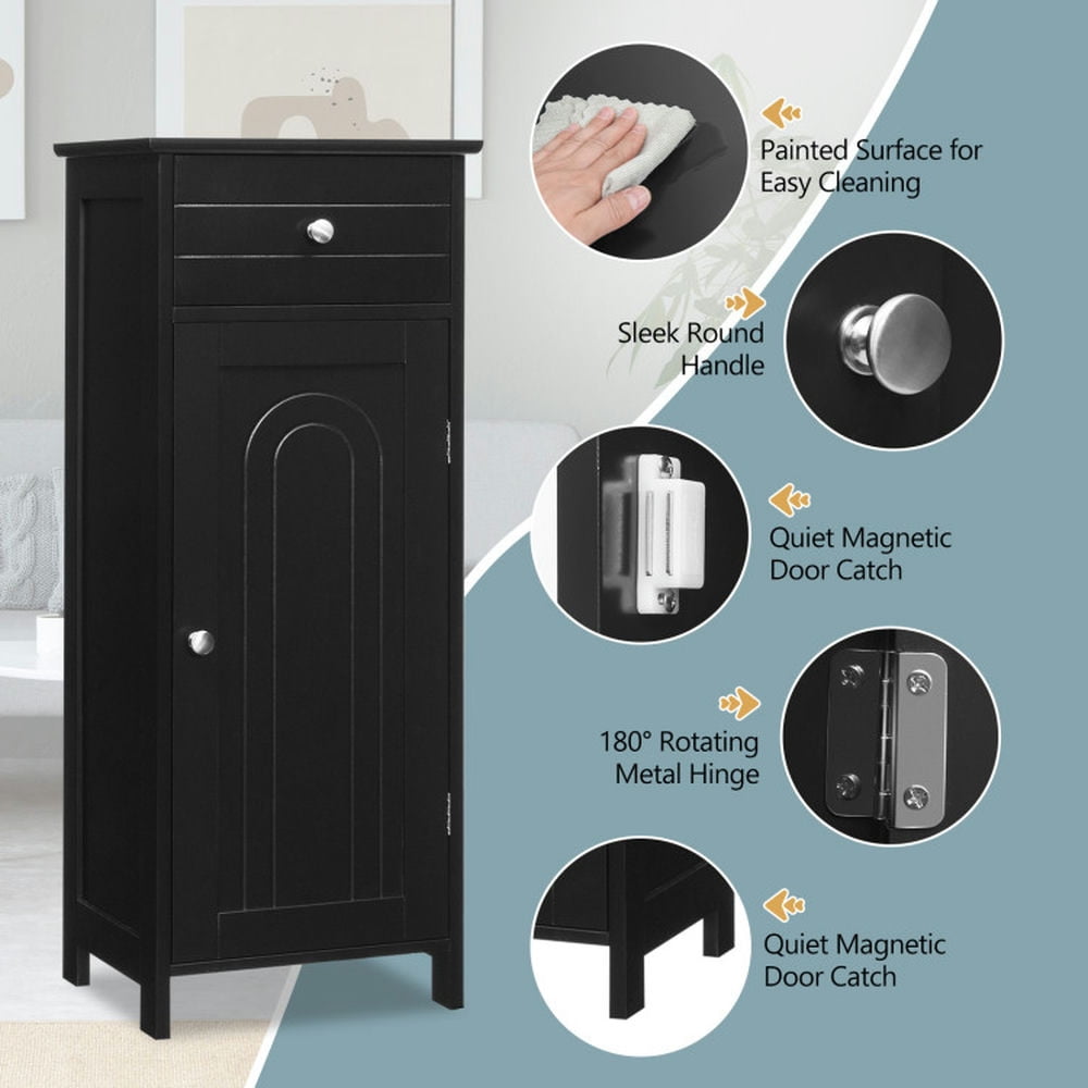 Finihen Storage Cabinet, Floor Cabinet, Wooden Storage Free-Standing Floor Cabinet with Drawer and Shelf, for Bathroom, Living Room, Bedroom, Kitchen, Black
