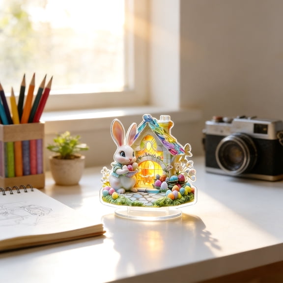 2026 Easter Bunny 2D Acrylic Tabletop Decoration 7.87 Inch, Cute Rabbit House Easter Decorations for Home Desk Shelf Spring Display