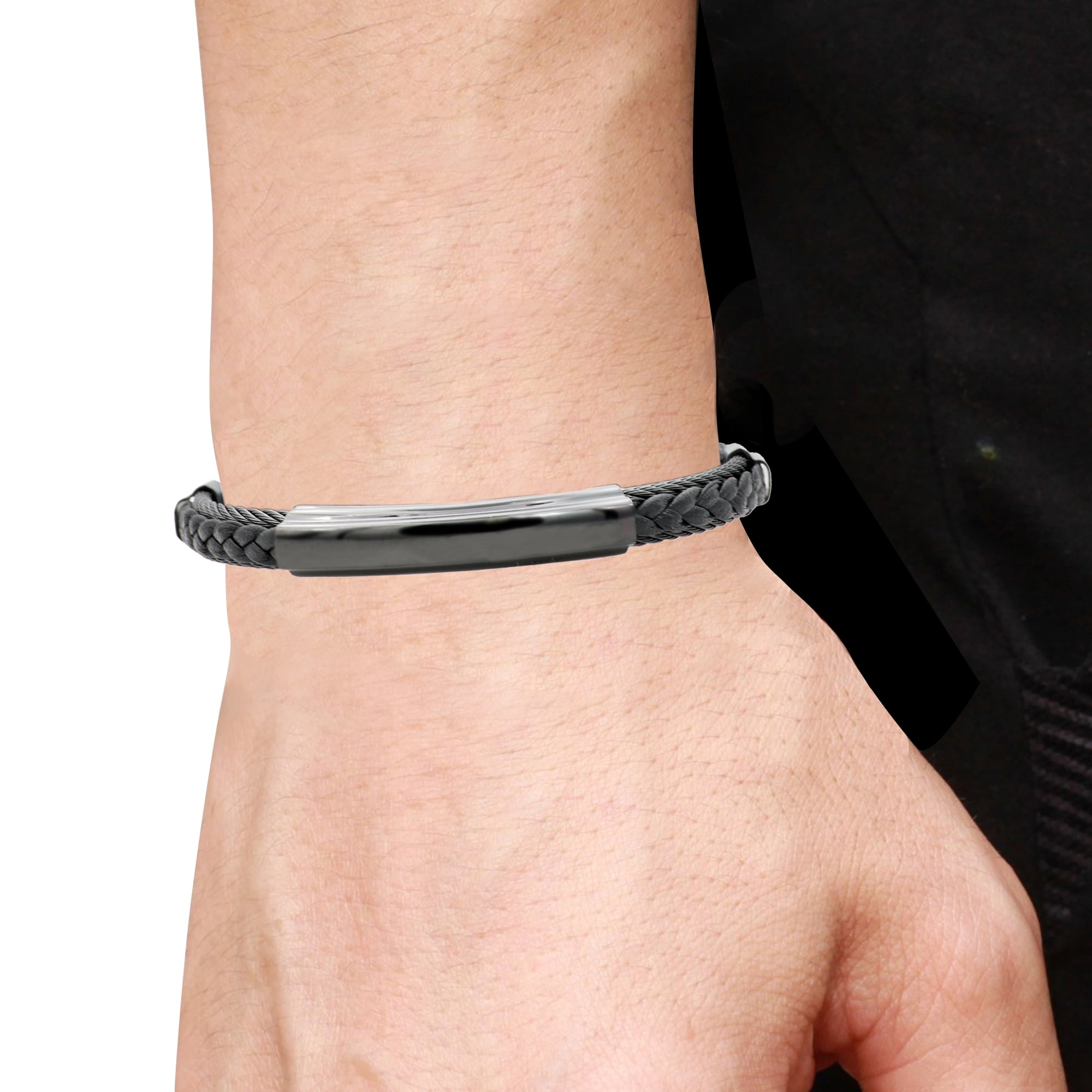 Arista Men's Wire Bangle in Black Leather and Black Plated Stainless Steel, 8.5"