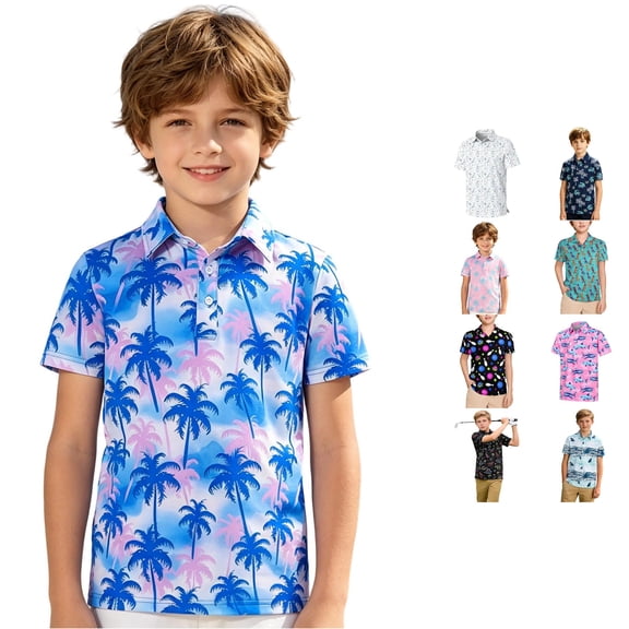 WhouRiu Boys Casual Short Sleeve Graphic Polos Summer Tennis Collar Shirts Kids Polo Shirt 3-14 Years
