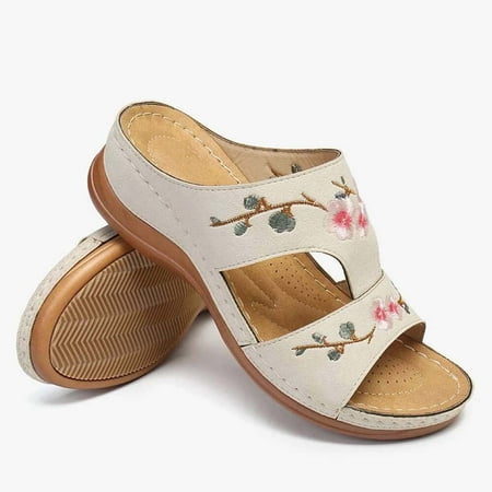 

Akklian Women s Summer Wedge Sandals Heel Embroidery Flower Sandals Beach Shoes