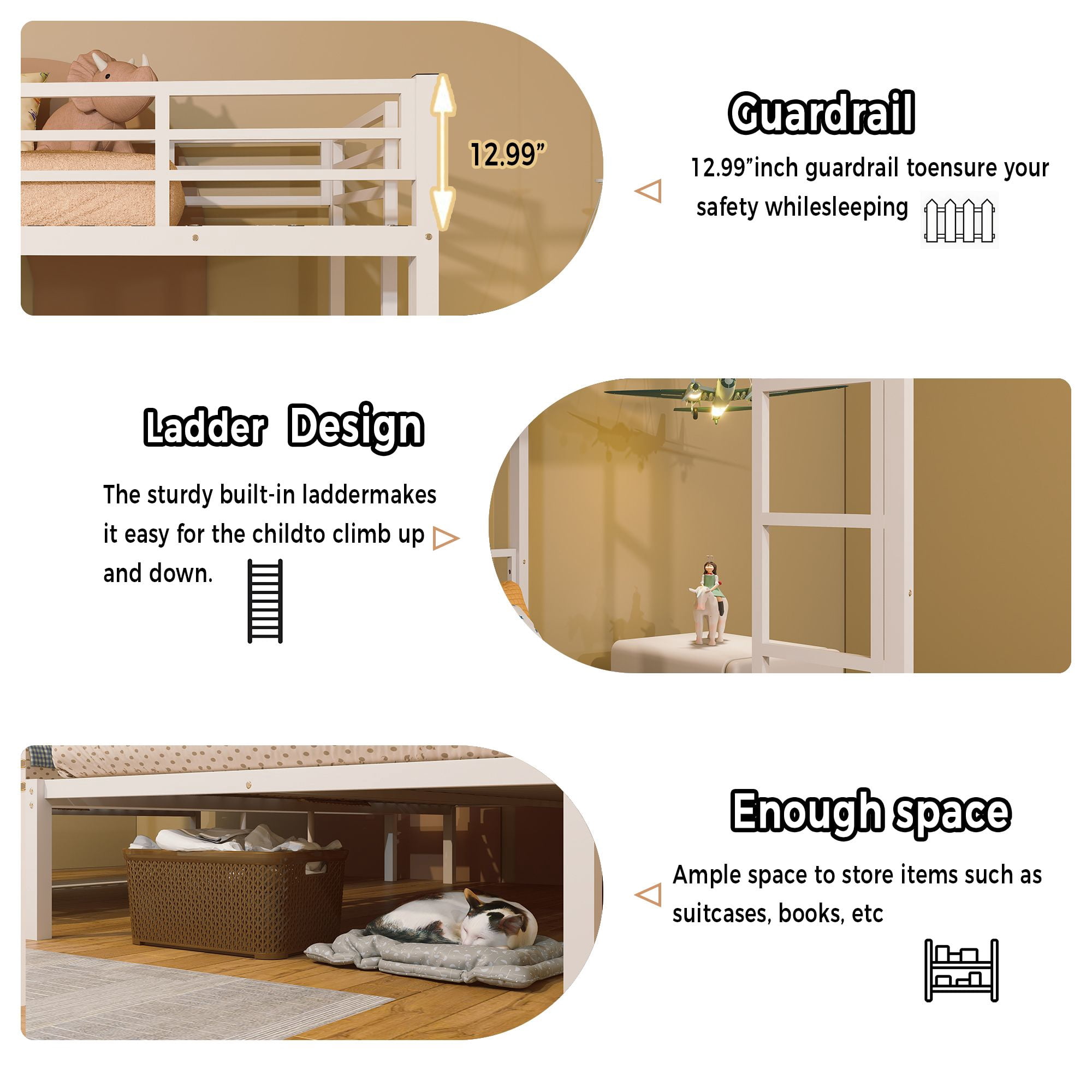 Alvantor Triple Bunk Bed for Kids, Metal Bunk Bed with Stairs,Separates Into 3 Twin Beds White