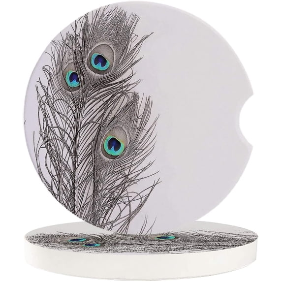 FMSHPON Grey Peacock Feathers Simple Pattern Set of 6 Car Coaster for Drinks, Absorbent Ceramic Stone Coasters Cup Mat with Cork Base for Home Kitchen Room Coffee Table Bar Decor