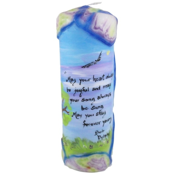 Quote Pillar Candle - "May your heart always be joyful, may your song always be sung, may you stay forever young" Bob Dylan