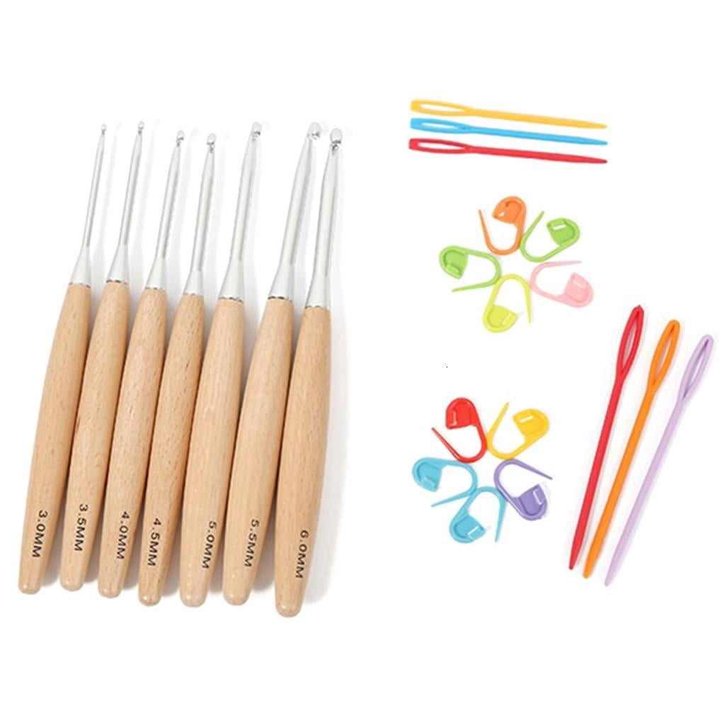 Youthyao 7Pcs Crochet Hooks Set ErgonomicW00denGrip Handles, Crochet Needle with Storage Bag for Hand Knitting
