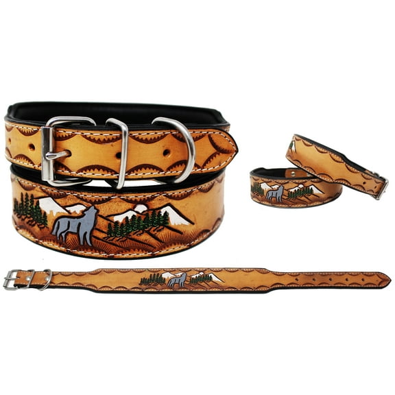 Large 21''- 25'' Padded Leather Dog Collar Heavy Duty Floral Tooled 60FK28