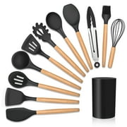 12-Piece Silicone Kitchen Cooking Utensils Set with Holder, Wooden Handle Utensils for Cooking, Kitchen Tools Include Spatula Turner Spoons Soup Ladle Tong Whisk, Black