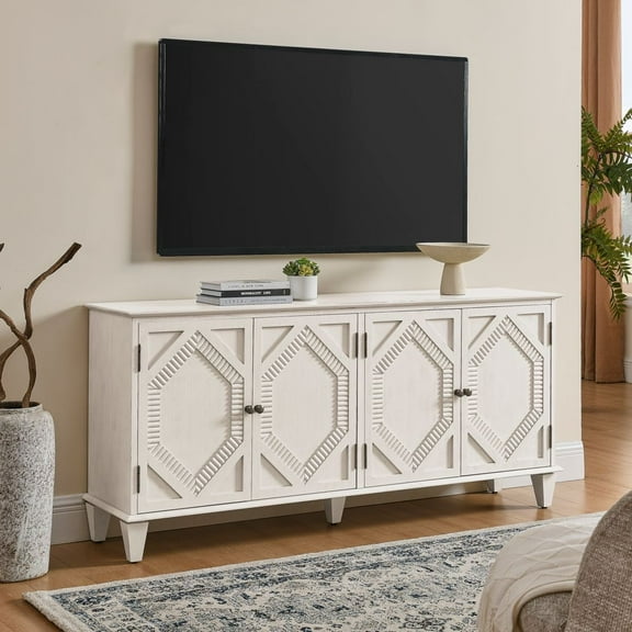 YINGYING 65.2" Mid Century Modern Sideboard Buffet Cabinet with Storage, Symmetrical Geometric Accent Coffee Bar Cabinet Console Table for Living Room, Entryway