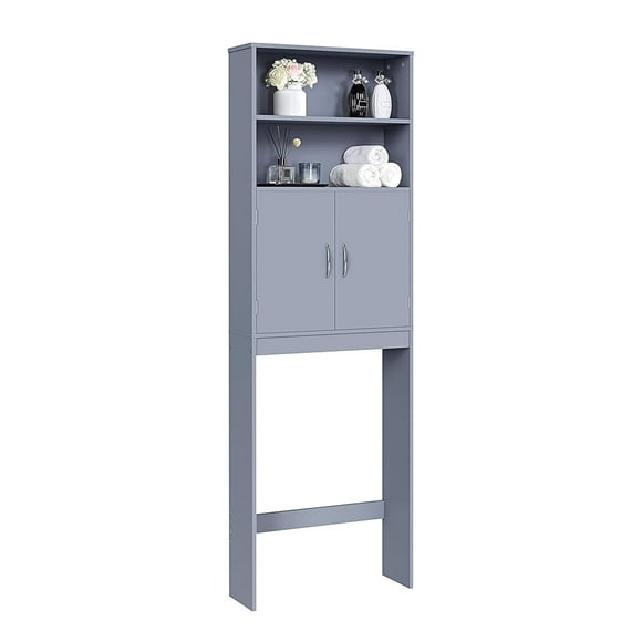 Over The Toilet Cabinet, Double Door Bathroom Storage Organizer, Toilet Rack with Inner Adjustable Shelf and 2 Upper Open Compartments, Purple