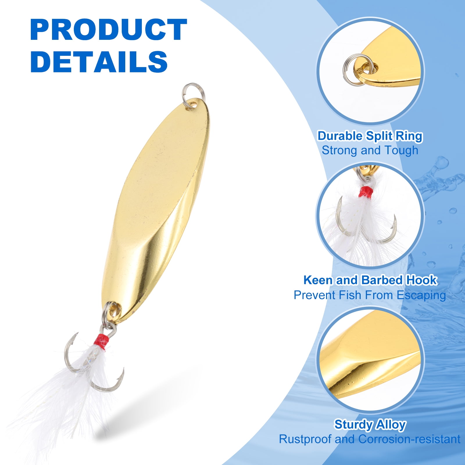 Uxcell Fishing Spoons, 10 Pcs 1-1/8 oz Fishing Lures Casting Spoon Treble Hooks Jigs Hard Metal Spinner Baits for Freshwater Saltwater Salmon, Gold Tone