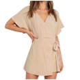 thumbnail image 2 of Summer Saving Wycnly Jumpsuits for Women Dressy Casual Solid Tie Waist Tshirt Short Jumpsuist Overalls Summer V-Neck Short Sleeve Plain Mini Trendy Rompers Beige s, 2 of 7