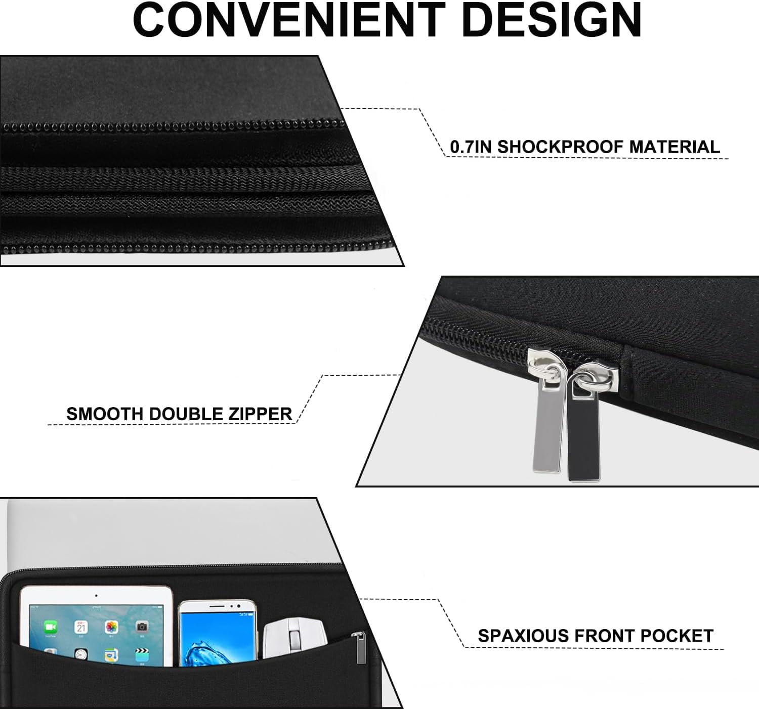 14 Inch Laptop Sleeve Case with Zipper, Slim Lightweight Computer Carrying Bag with Accessory Pocket for Travel Work School, Black