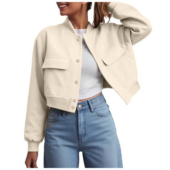 larppty Women's Fashion Bomber Jackets Long Sleeve Cropped Button Down Casual Coat with Pockets Outwear (Clear, 3XL)