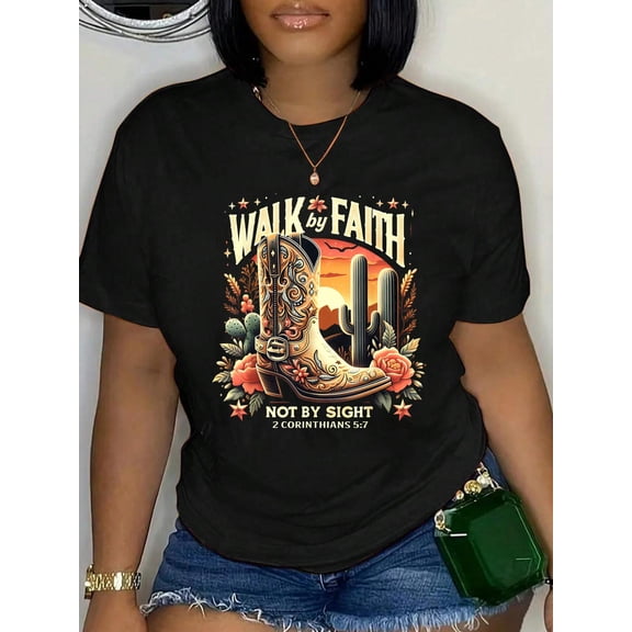 100% Cotton Walk by Faith Not by Sight Christian Western Cowboy Boots T-Shirt Print Round Neck Cotton T-Shirt, Summer Women's Tops, gift