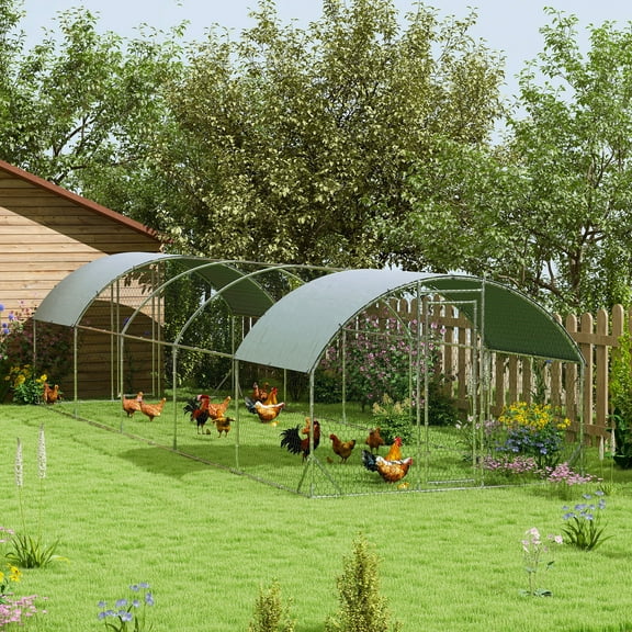 PawHut Large Metal Chicken Coop, Walk-in Chicken Run with Waterproof and Anti-UV Cover for Yard, Duck, Rabbit, 9.2' x 31.2' x 6.5'