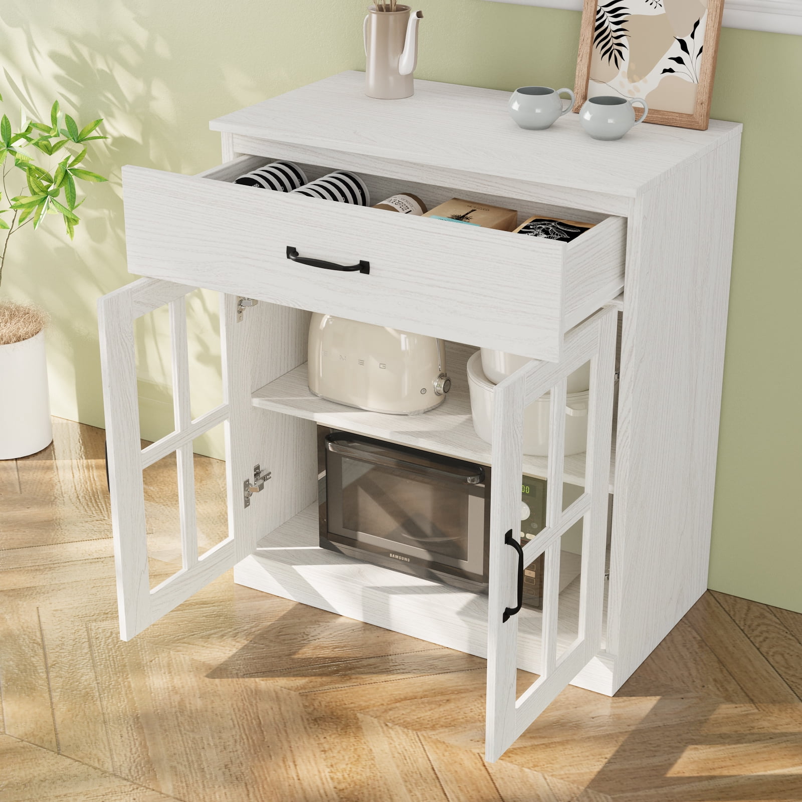RichYa Kitchen Pantry Cabinet Set of 4,94" W Buffet Sideboard Coffee Bar with Glass Door Hutch,Modular Storage Cabinets with Shelves & Drawers for Dining Room,White(DEED)