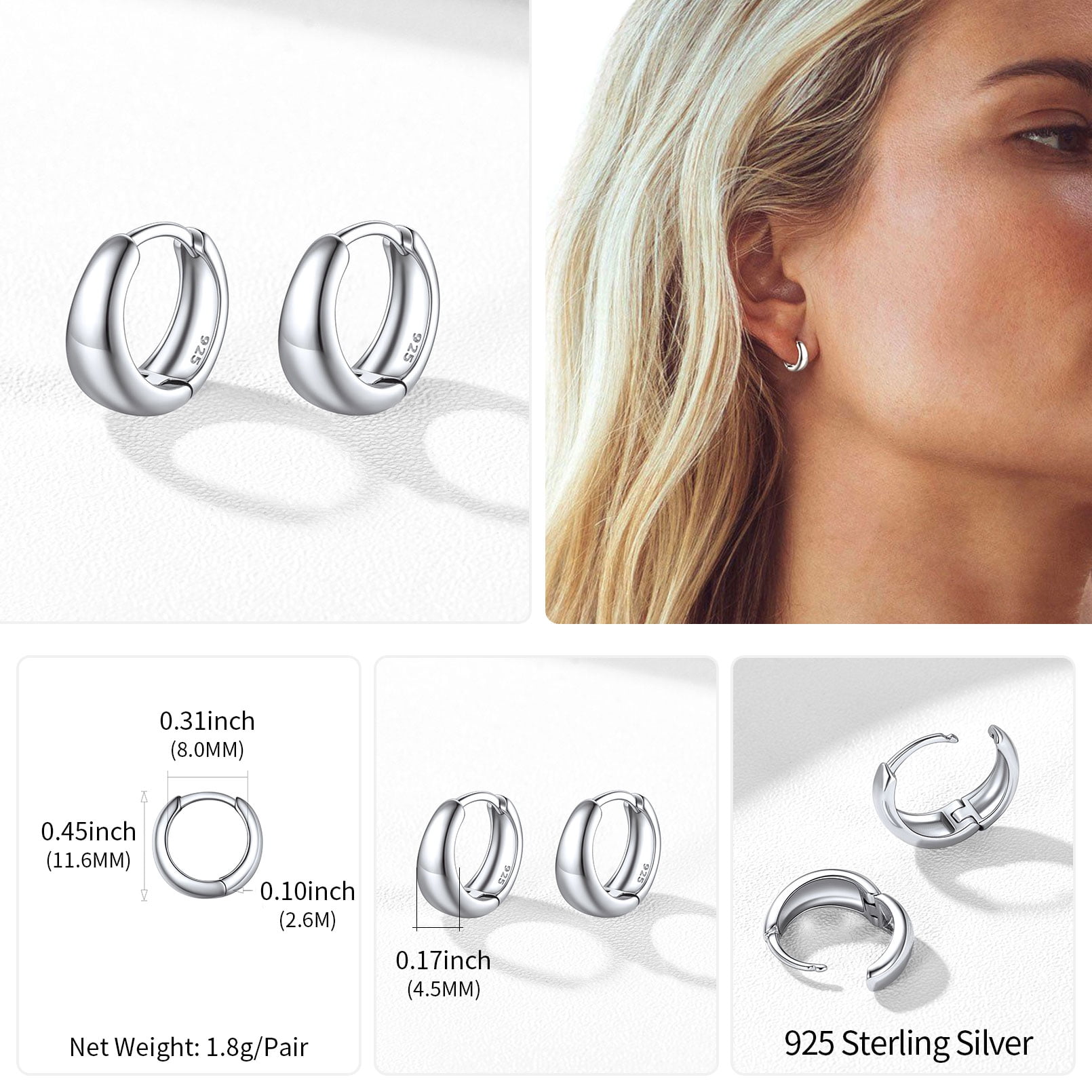 ChicSilver 8MM Small Hoop Earrings Thick Round Cartilage Huggie Earrings Hypoallergenic 925 Sterling Silver Jewelry for Women Grils Christmas Gift