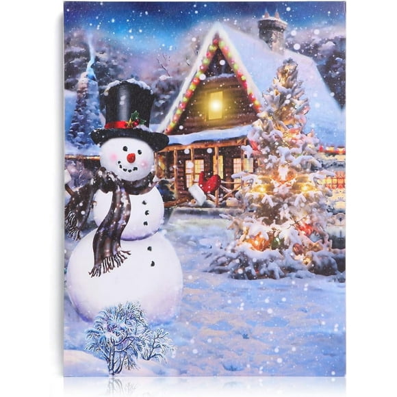 Christmas Canvas Wall Art 16" x 12" - Lighted Up Snowman Welcome Print LED Xmas Wall Art Prints for Holiday Decor