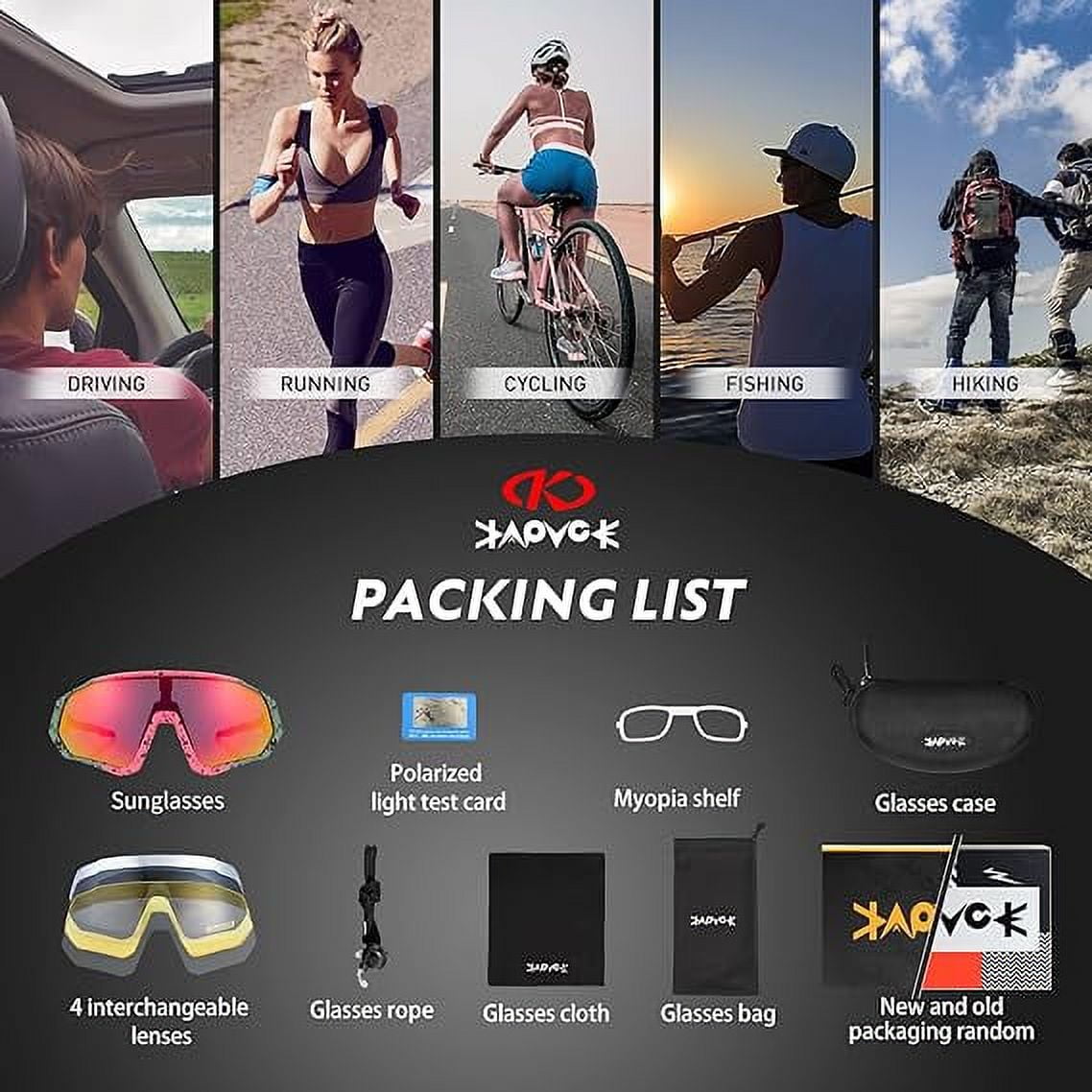 KAPVOE Cycling Glasses Polarized Sports Sunglasses MTB Mountain Bike  Eyewear Men Women Road Bicycle BMX Running Fishing Golf 